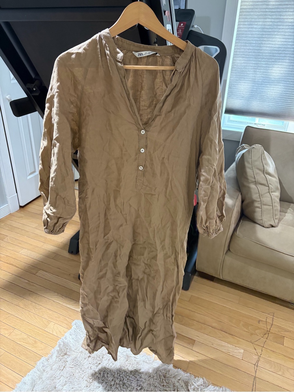 Zara Women's Brown / tan Linen Button-Front Tunic Dress